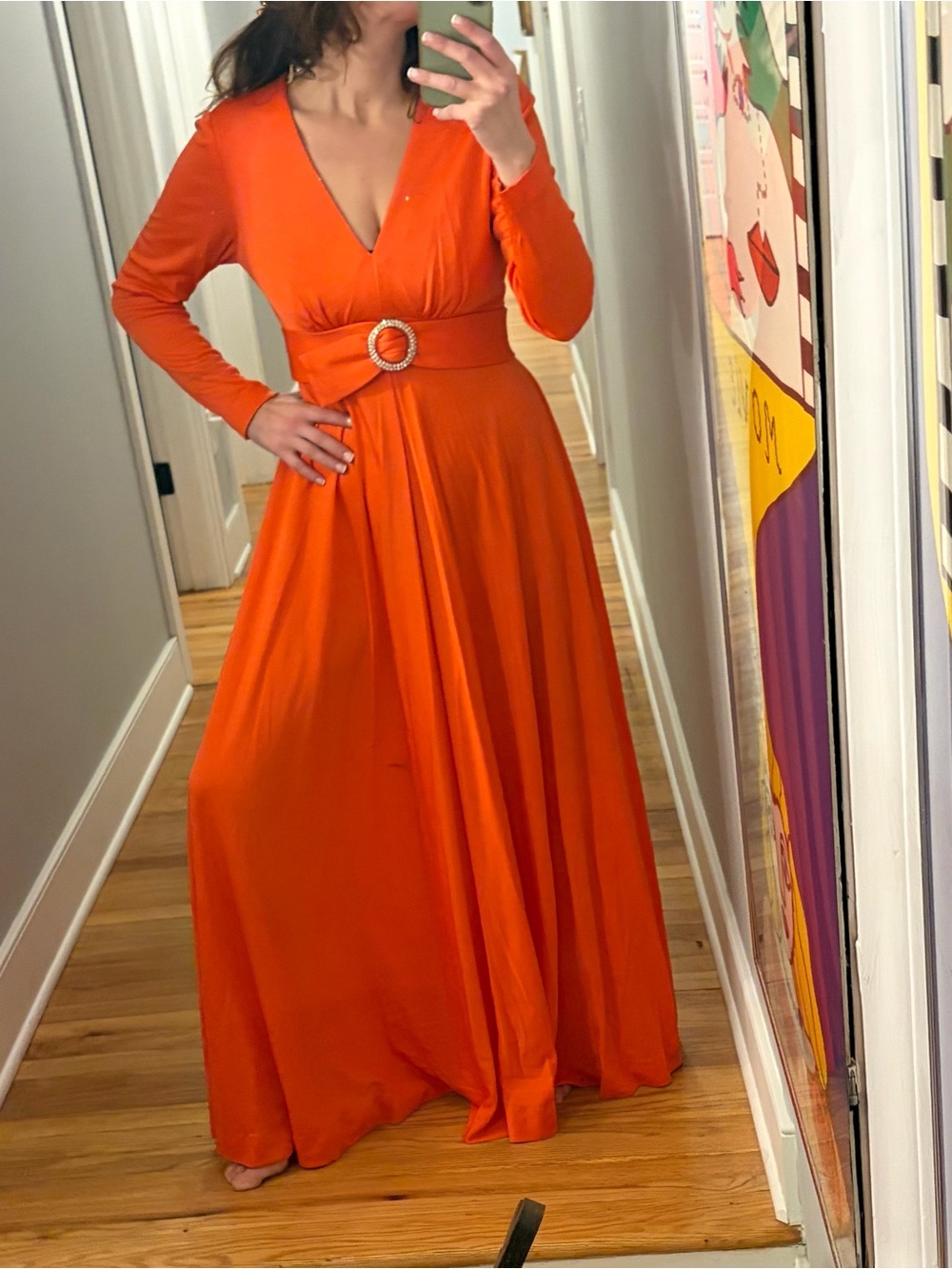 Vintage 1970s Orange Maxi Dress Rhinestone Buckle Disco Hostess Gown